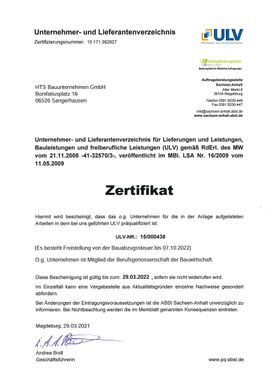 Zertifikat der ​HTS Bauunternehmen GmbH​ aus Sangerhausen