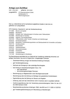 Zertifikat der ​HTS Bauunternehmen GmbH​ aus Sangerhausen